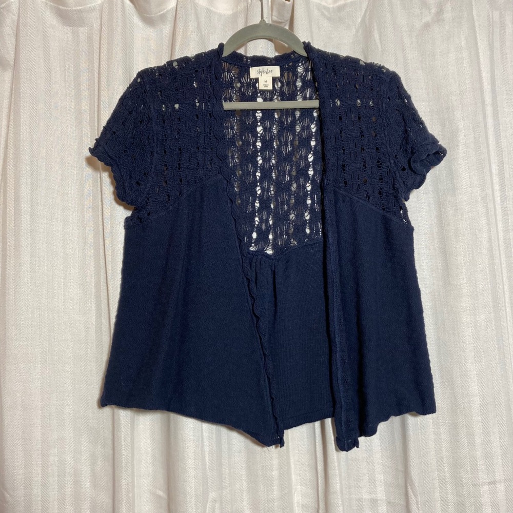 Style & Coastal Navy Blue Crochet Lace Short Sleeve Open Front Cardigan Womens M